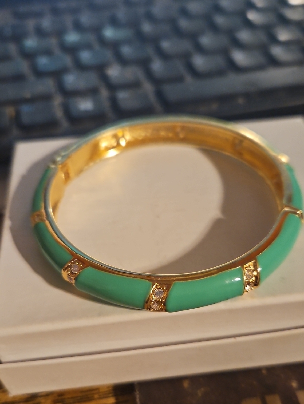 Green Gold Rhinestone Clamper Bracelet - Picture 2 of 3